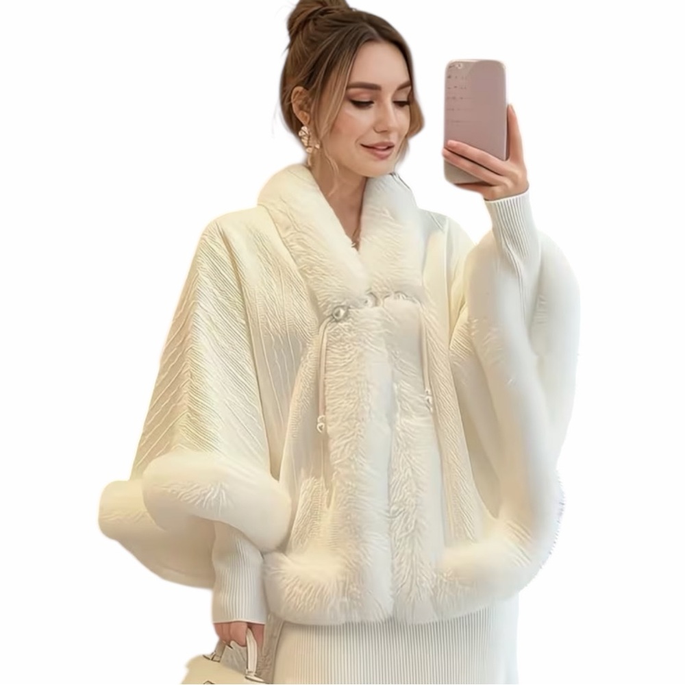 Luxurious And Stylish White Faux Fur Trim Cape/Shawl NWT - Picture 3 of 3